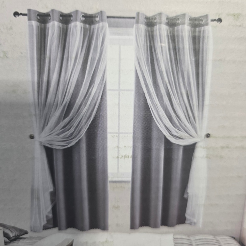 Anytime Home Grey Blackout Curtains White Rope Cord Tie-Ups Grommet Top 52"x 63"